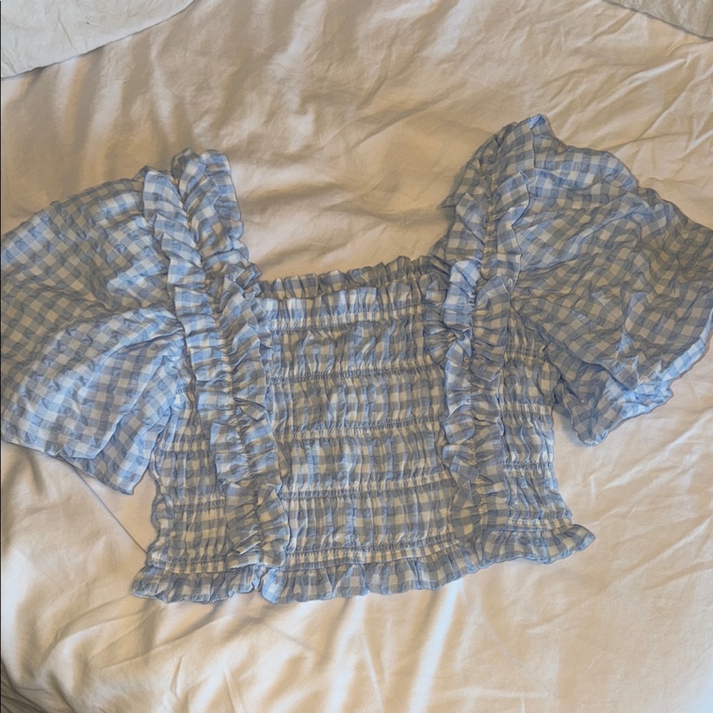 English Factory Blue Gingham Smocked Puff-Sleeve Crop Top